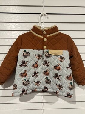 Brown & Light Blue Quilted Kids Duck-Print Jacket